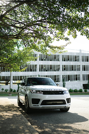 rover range bianco, suv, parcheggiata, albero, costruzione moderna, all'aperto, veicolo di lusso, contesto urbano, fotografia automobilistica, Progettazione del veicolo