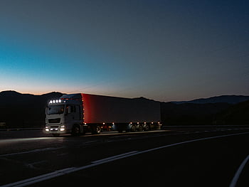 kamionu, bílá světla, nákladní vůz, Altai Road, noc, hory, soumraku obloha, velké nákladní auto, cestovat, silnice, siluetu