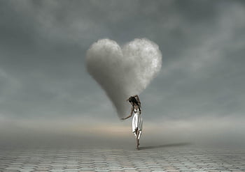 sfondo, fantasia, romantico, cuore, nuvole, femmina, personaggio, arte digitale, opera d'arte digitale