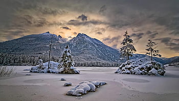 hintersee, mountain Lake, ice Cream, snow, berchtesgaden, bavaria, alps, panorama, water, winter Landscape, wintry