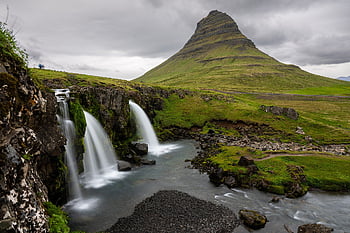 waterfall, iceland, mountain, water, clouds, landscape, falls, nature, stream, river, brook