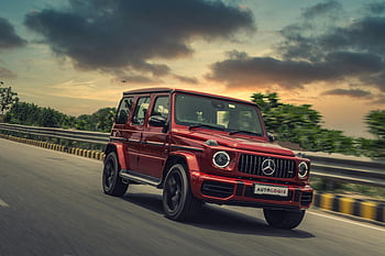 Red Mercedes Benz G Wagon, Luxusní SUV, Řízení dálnice, západ slunce scéna, Rychlost, mercedes g-class, červené auto, západ slunce, luxusní vozidlo, mercedes benz, g vozu