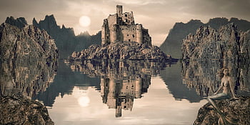castle, mermaid, rocks, fortress, ruins, sea, ocean, lake, reflection, nature, mountains