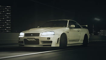 Nissan Gt-r R34, άσπρο nissan coupe, Αυτοκινητόδρομοι του Τόκιο, νυκτερινή οδήγηση, εικονικός σχεδιασμός, προβολείς αυτοκινήτων, αγωνιστικό αυτοκίνητο, νύχτα σκηνή, αστική οδήγηση, Ιαπωνικό αυτοκίνητο, όχημα υψηλής απόδοσης