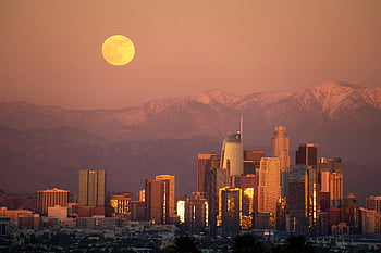 los angeles skyline, pełnia księżyca, Panorama miasta, noc, zachód słońca, drapacze chmur, Miejski krajobraz, wschód księżyca, pejzaż miejski, górskie tło, wieczorny widok