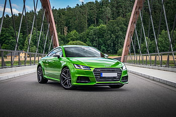 green Audi TTS, bridge, sports car, lush greenery, dynamic shot, green car, Audi TTS, car on bridge, greenery, bridge view, car photography