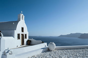 Kirke på Santorini, hvidkalket kirke, santorini, Udsigt over Det Ægæiske Hav, klar blå himmel, panoramaudsigt, græske ø, hvid arkitektur, middelhavet, rejsemål, Grækenland
