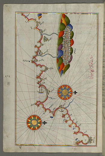 Iluminovaný rukopis, mapa, andalusie, grenada, Piri Reis, navigace, pohovka, islámský, kartografie, Waltersovy muzeum, umění