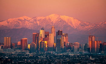los angeles skyline, kolory zachodu słońca, góry pokryte śniegiem, pejzaż miejski, widok na miasto, zachód słońca, Los Angeles, Skyline o zachodzie słońca, widok na góry, miasto o zachodzie słońca, zachód słońca panoramę