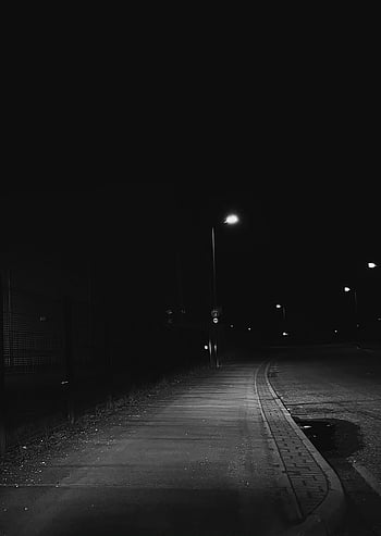 concrete pavement, dark night, empty street, Thatcham England, streetlights, night scene, moody atmosphere, urban landscape, nighttime photography, black and white, street view