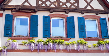 half-timbered House, old, truss, architecture, historical, facade, floral Decorations, window