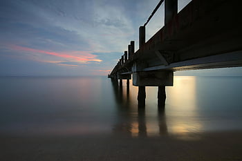 napnyugta, tenger, móló, festői kilátás, nyugodt jelenet, fényvisszaverő tenger, naplemente fotózás, strand naplemente, óceán naplemente, hosszú expozíció, naplemente mólón
