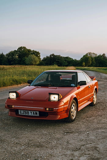 červené sportovní auto, Scénická venkovská silnice, západ slunce, prastarý styl, klasické auto, toyota, zaparkováno, venkovní, krajina, večer, výlet