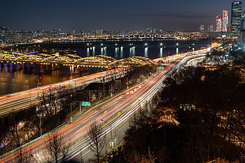 natt, stad, han flod, Sydkorea, byggnader, arkitektur, seoul, Republiken Korea, väg, Han River Bridge, bro
