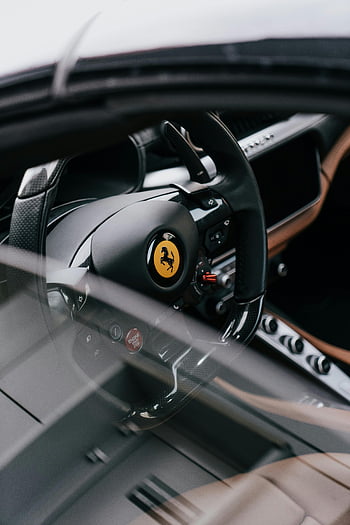 volant Ferrari, luxusní design, sportovní auto, detail, řemeslo, interiér, palubní desku, špičkové vozidlo, výkonné auto, automobilového designu, znak ferrari