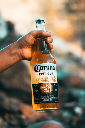 corona cerveza, pivní lahev, ruka hospodářství, detail, venkovní, značka značky, koronové pivo, mexické pivo, nápoj, napít se, alkohol