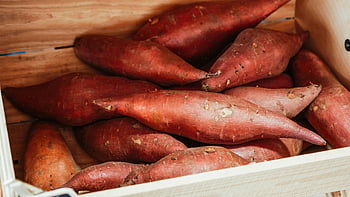 sweet potatoes, wooden crate, fresh produce, cooking ingredients, close-up, healthy food, root vegetables, natural ingredients, farm fresh, organic produce, rustic crate