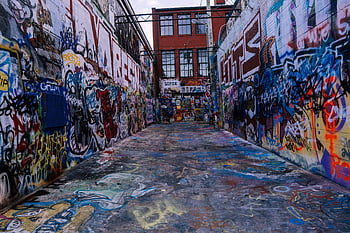 graffiti alej, baltimore, barevné graffiti, pouliční nástěnné malby, městská kultura, cihlové zdi, Živé umění, umění uličky, venkovní umění, veřejné umění, nástěnné umění