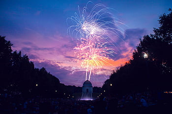 fireworks, low light photography, McKinley Monument, festival evening, colorful fireworks, night sky, outdoor event, celebration, evening festival, public gathering, monument view