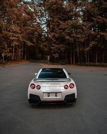 White Nissan GT-R, sports car, scenic forest road, autumn, elegance, power, parked, Nissan, GT-R, car, road