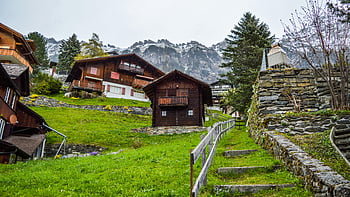 Svájci faházak, füves domboldal, hegyvidéki vidék, havas hegyek, festői jelenet, rusztikus házak, svájci Alpok, buja domboldalon, régi faházak, festői táj, vidéki kilátás