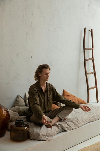 yoga, Lotus pose, meditating, indoor, cozy, minimalist, natural light, reflective man, house, practice, environment