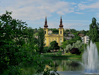 church, building, lake, fountain, park, garden, architecture, hungary, europe, budapest