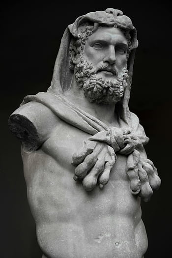 Greek God, Hercules, marble sculpture, classical Greek artistry, mythological themes, dramatic statue, ancient art, Greek mythology, marble bust, bearded man, classical sculpture