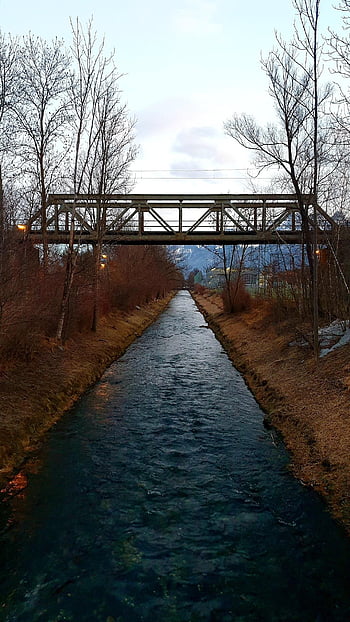 ponte, fiume, alberi, natura, bach, ruscello, torrente, inverno