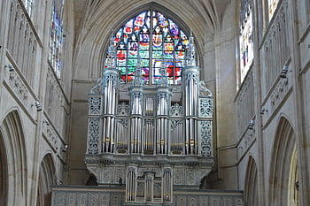 organ, instrument, music, church, alençon, imposing, pipes, silver, keyboard, stained Glass, luminous