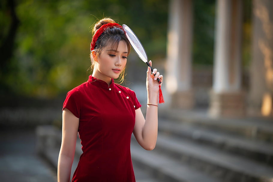 유행, Cheongsam, 여자, 손 부채, 베트남 사람, 아시아 사람, 빨간 치파오, 드레스, 아름다움, 아름다운, 예쁜