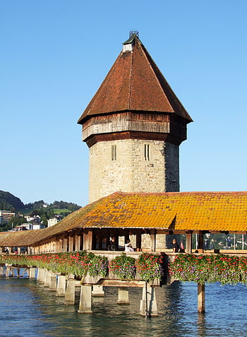 vodárenská věž, dřevěný most, vojtěška, švýcarsko, věž, budova, architektura, cestovní ruch, středověk, dovolená, prohlížení památek