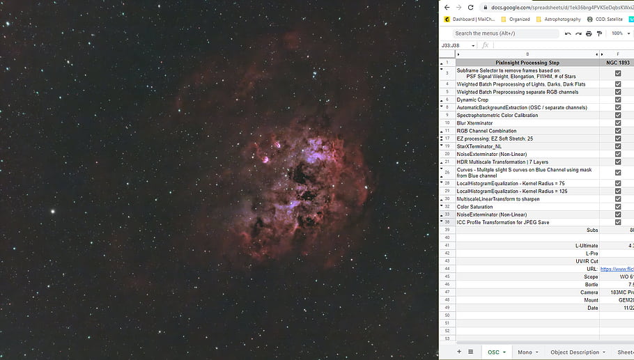 Tadpoles nebula, IC 401, wide field, astrophotography, PixInsight, WO 61, 183MC Pro, iOptron GEM28, L-Ultimate Filter, Bortle 7.5, 3 minute exposures