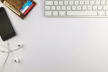 top view, keyboard, wallet, mobile phone, flat lay, minimalist desk, smartphone, earphones, productivity, desk setup, white desk