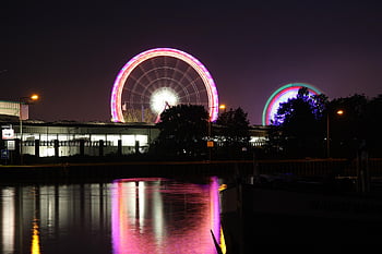 night, skyline, theme Park, crange Fair, amusement Park, ferris Wheel, ruhr Area, rhine-herne Canal, germany