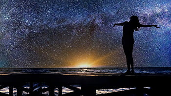 nina, estrellas, cielo, luna, Cielo Nocturno, Estrella Fugaz, galaxie, campo, mujer, joven, De Viaje