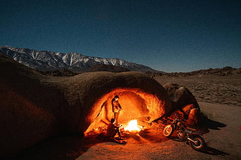 Alabama Hills, campfire, night adventure, motorcycle, starry sky, scenic view, outdoor camping, two people, night photography, natural landscape, warm campfire