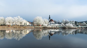 winter, lake, trees, landscape, snow, cold, frost, frozen, reflection, water, hoarfrost