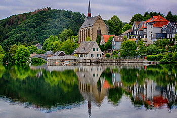 beyenburg, zbiornik, kościół, odbicie, woda, Natura, krajobraz, panorama, domy, budynek, jezioro