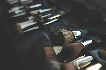 makeup brushes, stylish arrangement, dark background, elegant background, makeup tools, beauty brushes, cosmetic brushes, professional makeup, makeup set, brush collection, makeup artist tools