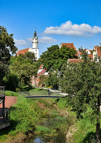 řeka, město, donauwörth, Donau-ries, šváb, kostelní věž, historický, staré Město, bavaria, Německo