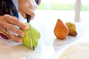 pears, cutting, slicing, fruit, food, healthy, nutrition, diet, hands