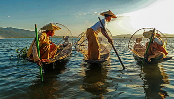 rybáři, rybolov, kánoe, jezero, loď, klobouky, inle jezero, sítě, Asie, kultura, tradice