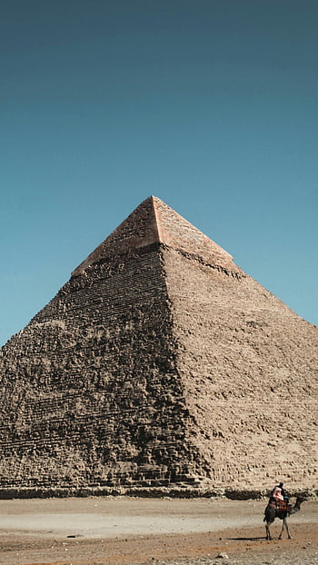 velká pyramida v Gíze, velbloud, jasné modré nebe, Káhira, Egypt, kultovní mezník, poušť, starověký zázrak, cíl cesty, historické místo, cestovní ruch