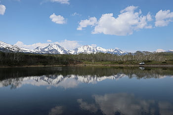 volcanoes, lake, forest, reflection, nature, mountains, kamchatka, snow