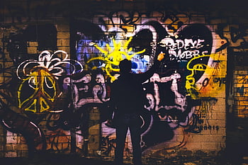 street artist, graffiti, brick wall, night, urban art, colorful, silhouette, vivid, painting, elements, art