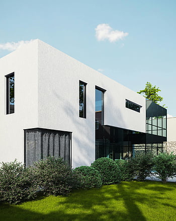 CGI, mustavalkoinen huvila, nykyaikainen arkkitehtuuri, ylellinen huvila, rehevä puutarha, päivänvalo, moderni talo, minimalistinen muotoilu, ulkoilmaelämää, arkkitehtoninen suunnittelu, vihreä nurmikko