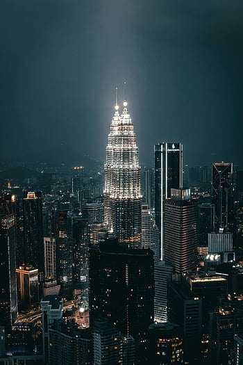 Kuala Lumpur, torri gemelle di Petronas, vista notturna, orizzonte, edifici illuminati, alto aumento, paesaggio urbano, Malaysia, fotografia notturna, architettura moderna