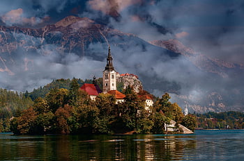 castle, nature, historical, travel, exploration, outdoors, lake Bled, lake, church, spire, mountains