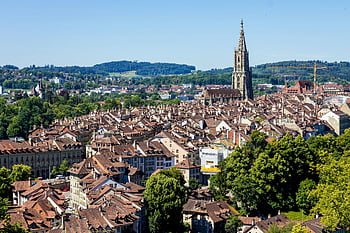 Bern Minster, historical architecture, Bern skyline, picturesque view, cityscape of Bern, Swiss architecture, Bern Switzerland, city view, urban landscape, European city, church spire